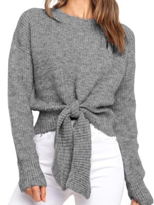 Women's Long Sleeve Cropped Sweaters Casual Knit Pullover Tie Front Crew Neck Fall Outfits Fashion Clothes