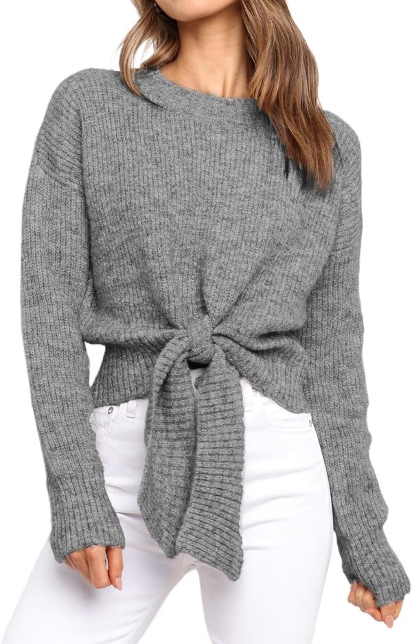 Women's Long Sleeve Cropped Sweaters Casual Knit Pullover Tie Front Crew Neck Fall Outfits Fashion Clothes