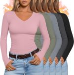 5 Pack Women's Thermal Long Sleeve Shirts Fleece Lined V Neck Tops Slim Fit Base Layer Underwear Cold Weather