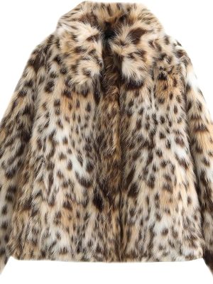 Women's Faux Fur Crop Jacket Long Sleeve Lapel Winter Warm Fluffly Leopard Pure Color Sherpa Coat