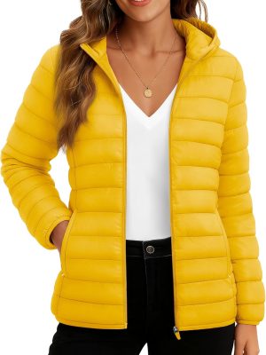 Women's Lightweight Puffer Jacket with Hood Pockets Quilted Padded Full-zip Water-Resistant Winter Coat