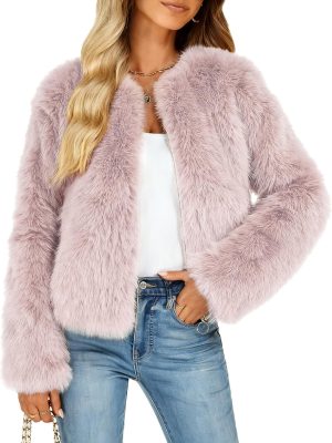 Women's Faux Fur Coat Winter Warm Cropped Jacket Trendy Long Sleeve Crew Neck Zip Up Outerwear