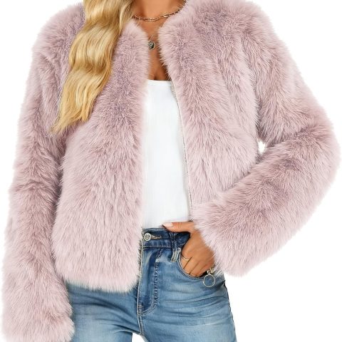 Women's Faux Fur Coat Winter Warm Cropped Jacket Trendy Long Sleeve Crew Neck Zip Up Outerwear
