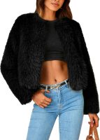 Women's Winter Coats Fleece Cropped Jacket Faux Fur Long Sleeve Pockets Shaggy Warm Outerwear Fall Clothes