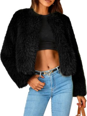 Women's Winter Coats Fleece Cropped Jacket Faux Fur Long Sleeve Pockets Shaggy Warm Outerwear Fall Clothes