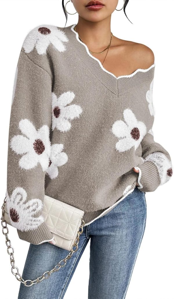 Women's Oversized V Neck Fuzzy Sweaters  Casual Loose Long Sleeve Chunky Knit Pullover Jumper Tops