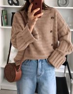 Womens Sweaters Fall  Casual Long Sleeve Crewneck Button Loose Winter Knit Pullover Sweater Tops