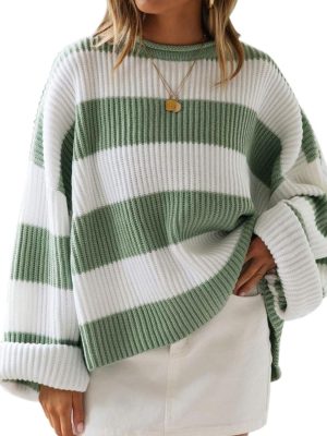 Women's Fall Long Sleeve Oversized Striped Color Block Comfy Loose Crew Neck Knitted Pullover Sweater