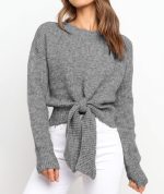 Women's Long Sleeve Cropped Sweaters Casual Knit Pullover Tie Front Crew Neck Fall Outfits Fashion Clothes