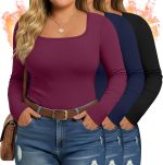 3 Pack Women's Plus Size Thermal Shirts Fleece Lined Long Sleeve Square Neck Slim Tops Underwear Base Layer Winter