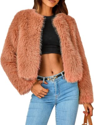 Women's Winter Coats Fleece Cropped Jacket Faux Fur Long Sleeve Pockets Shaggy Warm Outerwear Fall Clothes