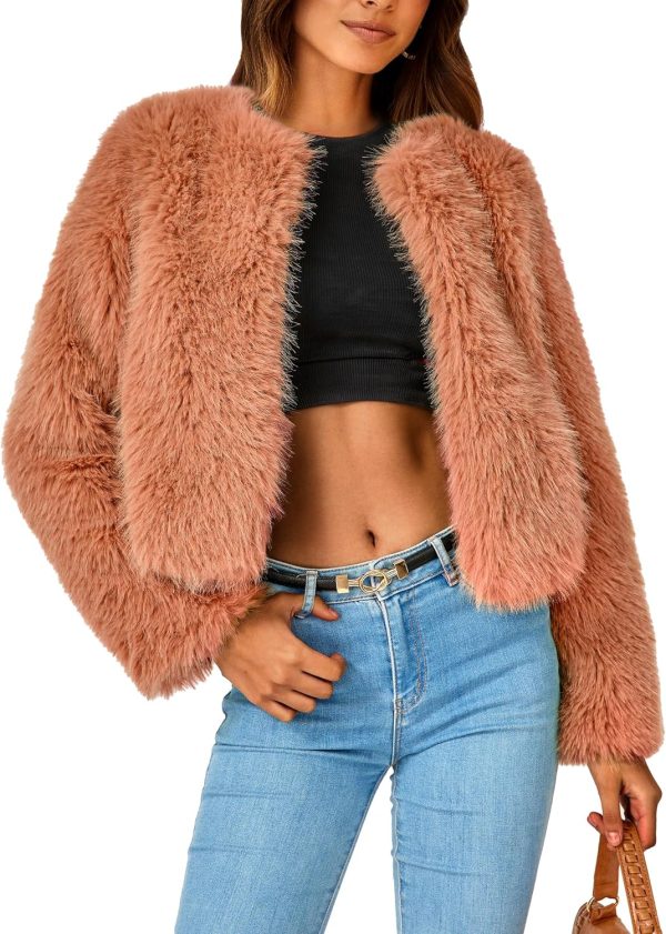 Women's Winter Coats Fleece Cropped Jacket Faux Fur Long Sleeve Pockets Shaggy Warm Outerwear Fall Clothes
