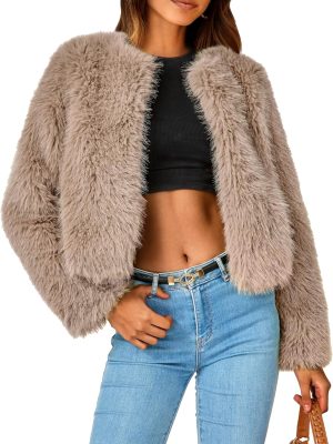 Women's Winter Coats Fleece Cropped Jacket Faux Fur Long Sleeve Pockets Shaggy Warm Outerwear Fall Clothes